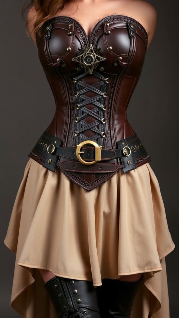 Leather Stampunk Brown Overbust Corset