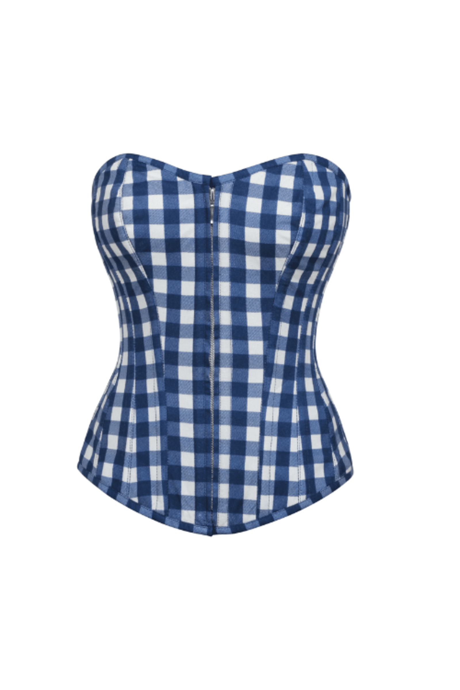 Blue Gingham Printed Denim Overbust