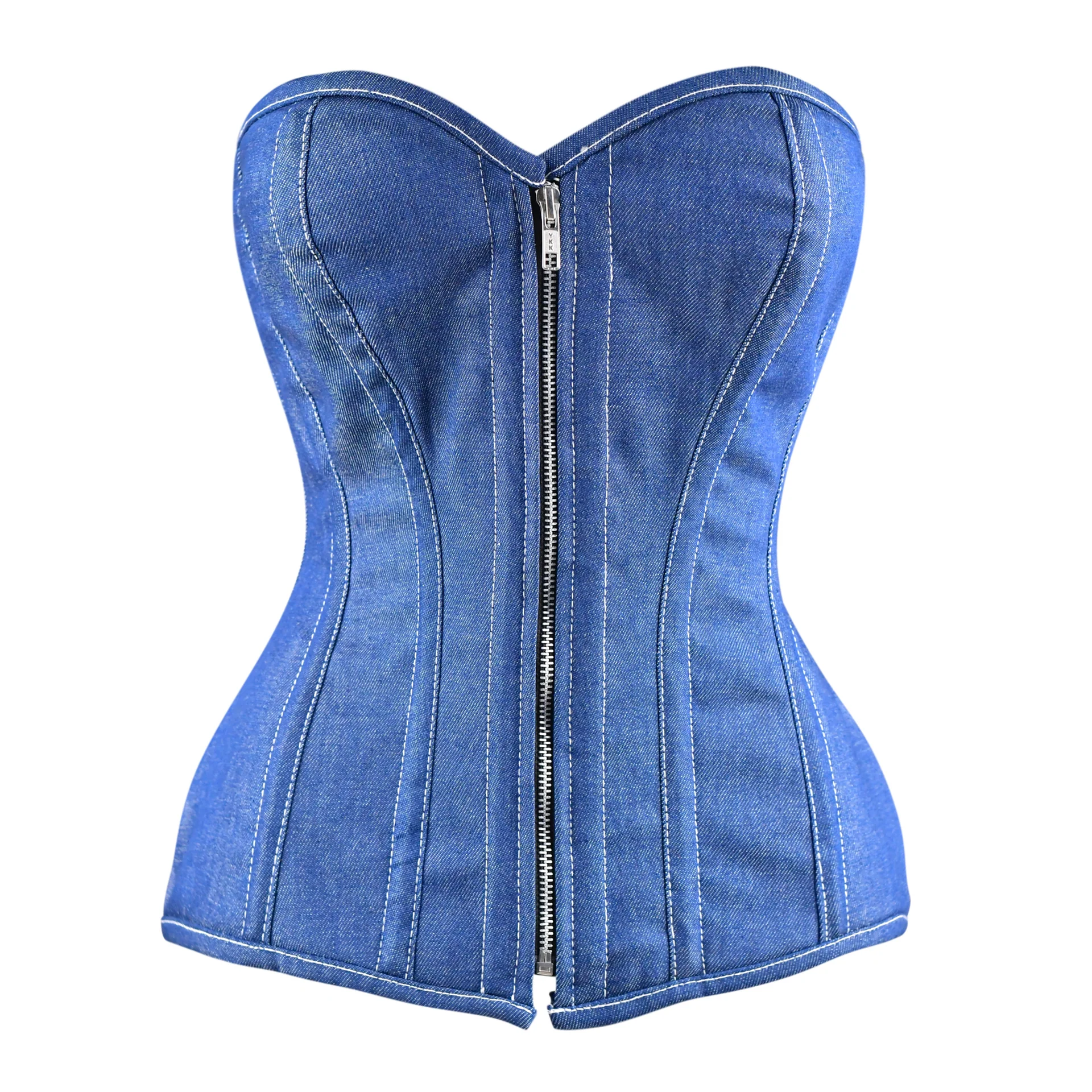 Denim lace up corset - OverBust Waist Trainer Front Zipper Corset
