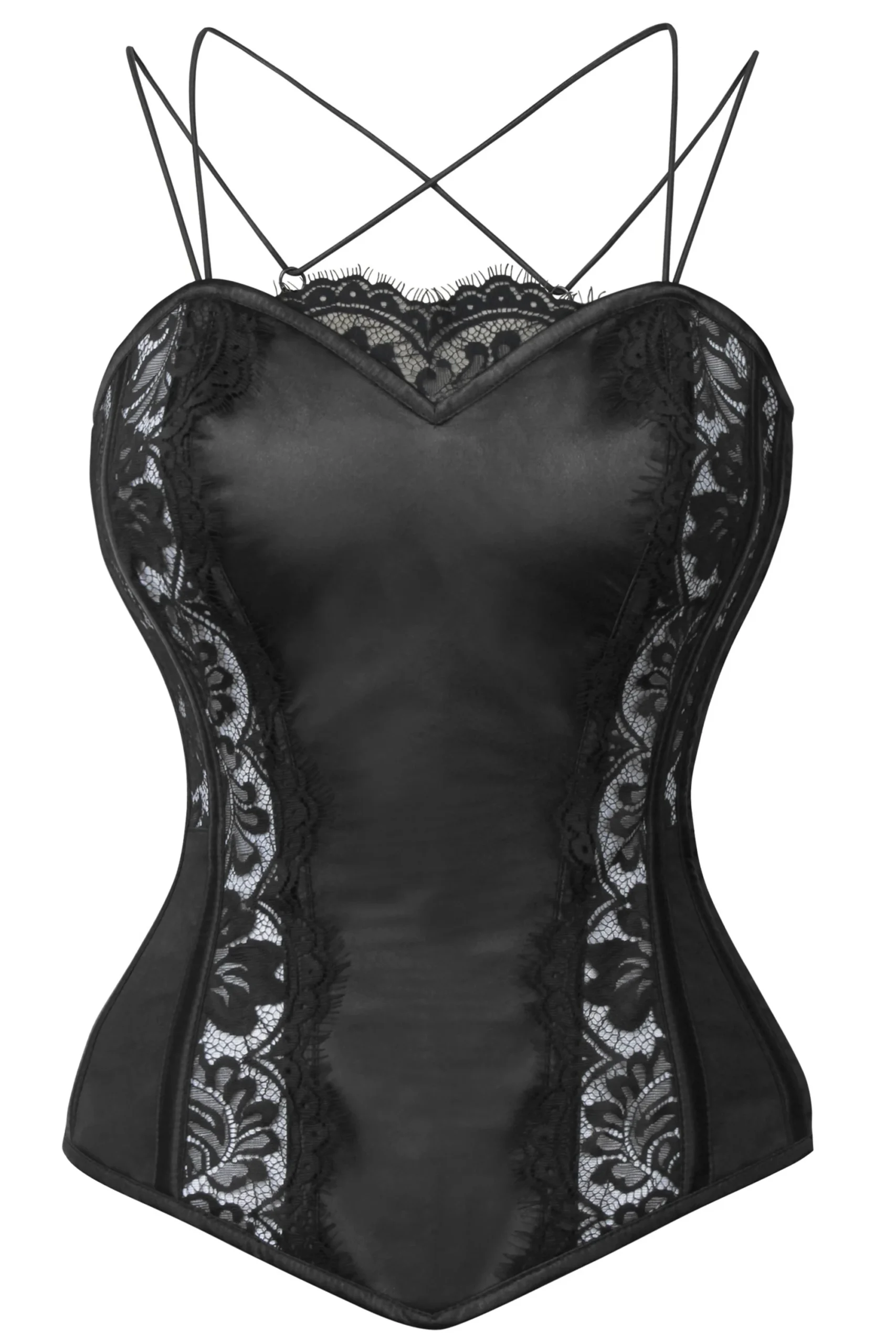 Black Satin Evening Corset Top With Spaghetti Strap Gothic Costume
