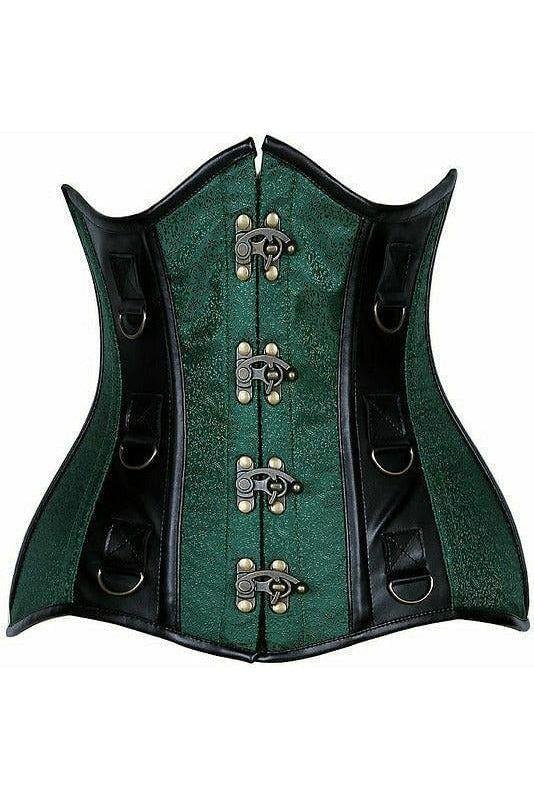 Premium Strapless Dark Green Brocade Underbust SteamPunk Leather Corset
