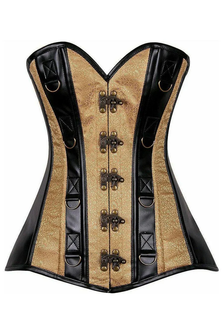 Waist's Strapless Gold Steampunk Brocade & Leather Corset Strapless Top