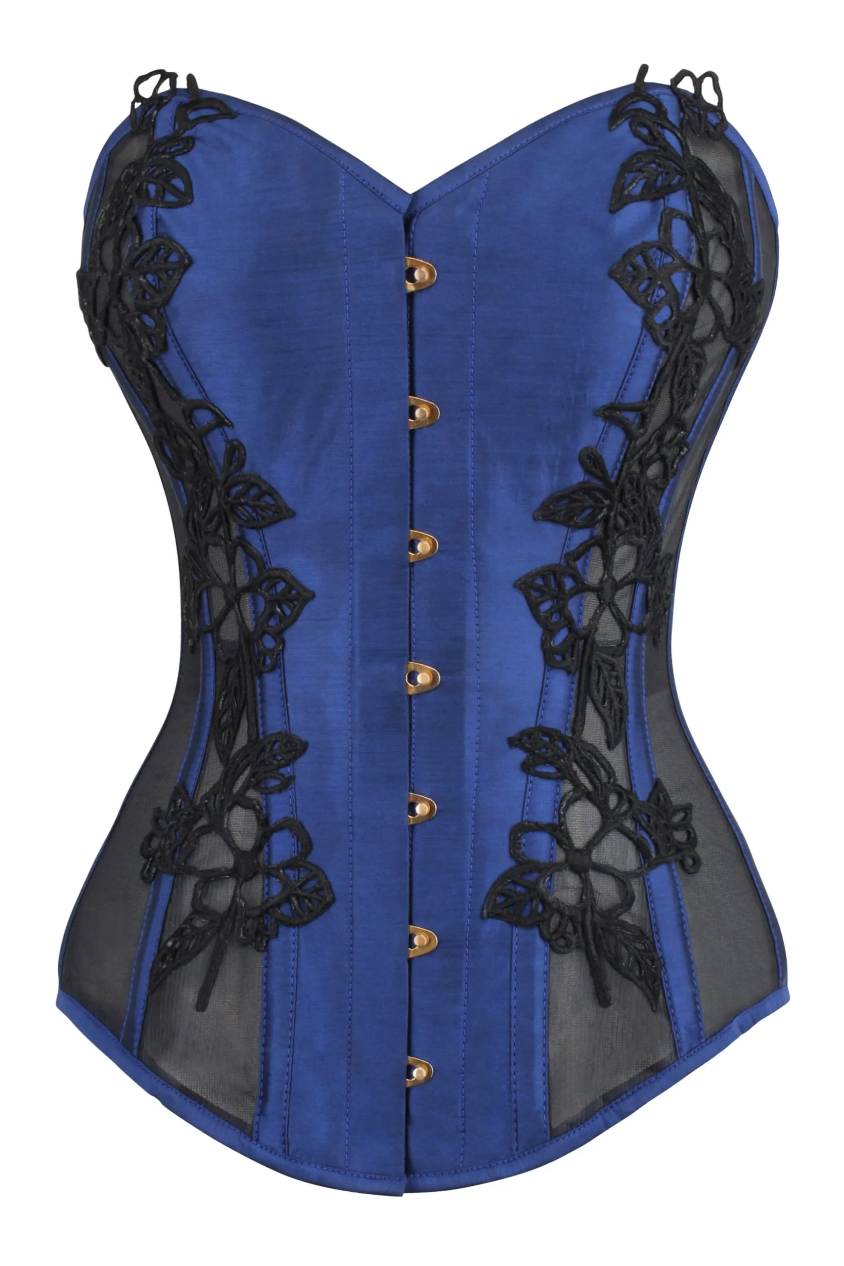 Navy Blue Longline Satin Halloween Corset Top Black Lace and Mesh Panels