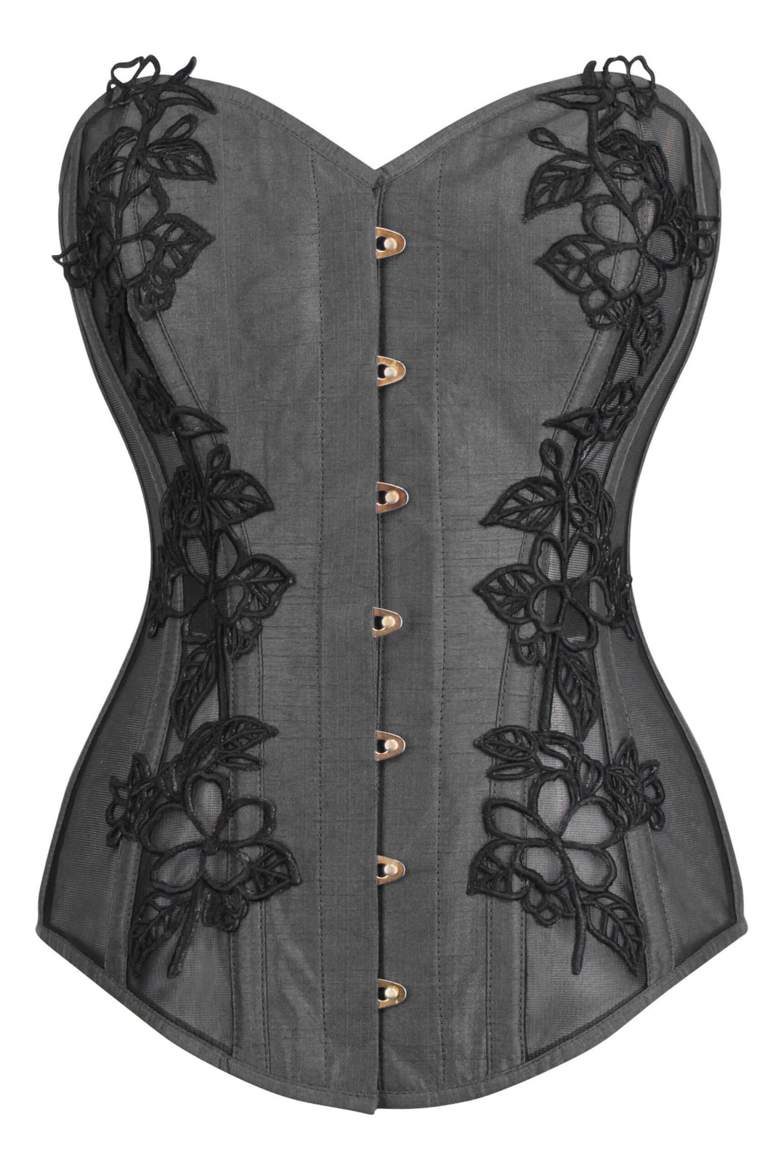 Black Longline Satin Gothic Corset with Black Lace and Mesh Panels
