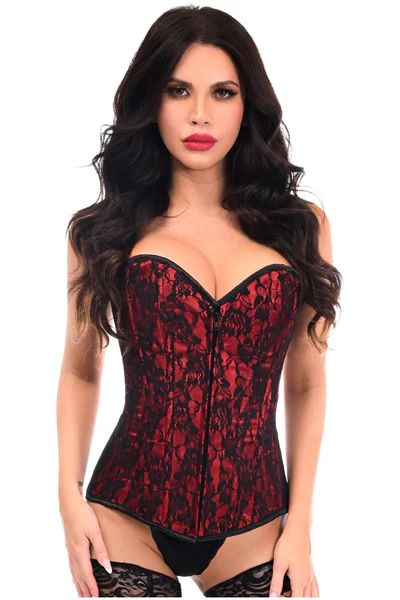 Red Lace Front Zipper Overbust Waist Corset Dress Sexy Bustier Top