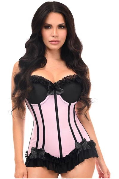 Pink w/Black Lycra Hook & Eye Stretch Bustier Overbust Waist Corset Bridal Top