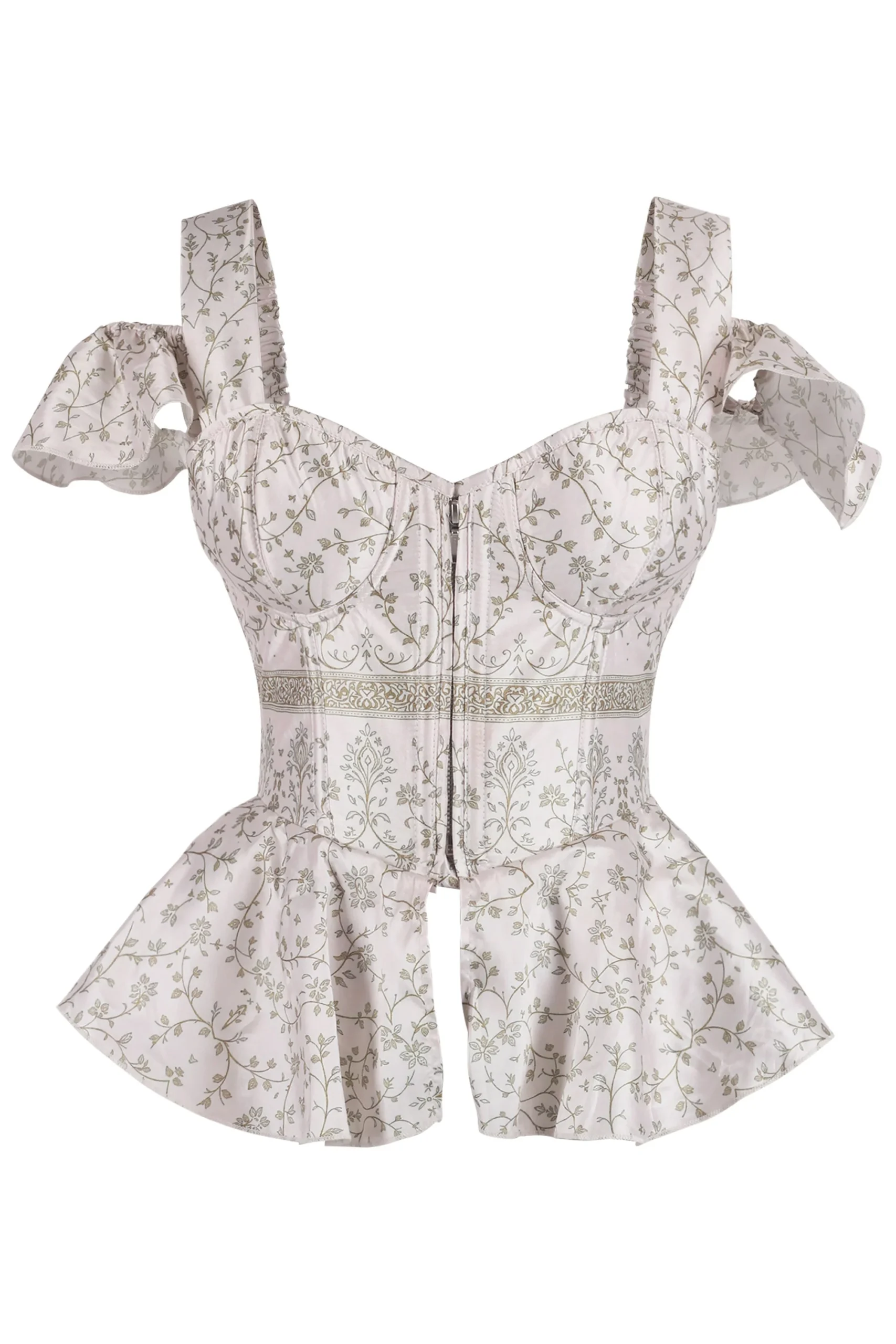 Pale Blush Botanical Peplum Printed Corset Top with Ruffled Shoulder Straps