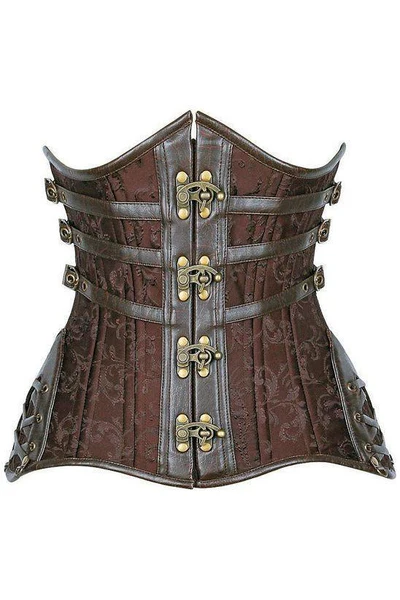Brown Brocade Steel Boned Underbust Steampunk Corset w/Buckles