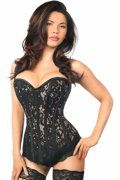 Top Drawer Black Lace Steel Boned Overbust Waist Corset w/Rhinestones