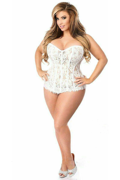 Top Drawer White Lace Steel Boned Overbust Waist Corset w/Rhinestones