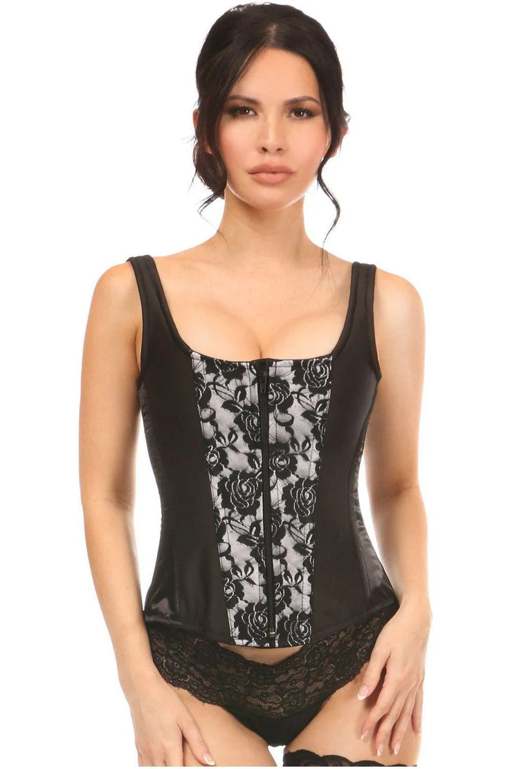 White Satin w/Black Lace Overlay Steel Boned Overbust Waist Strap Corset Top