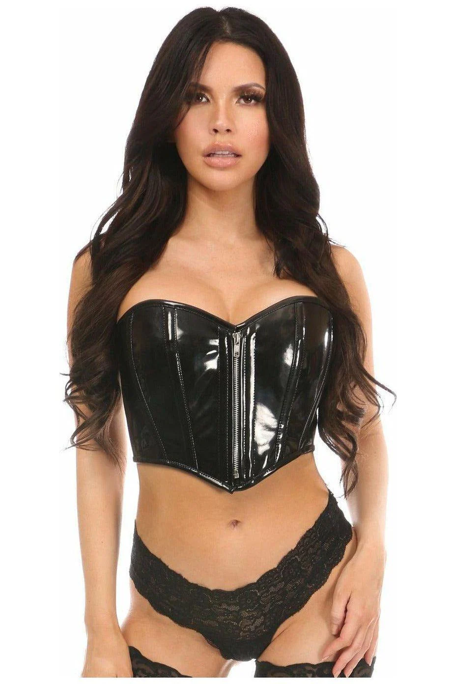 Top Drawer Black PVC Vinyl Corset Bustier Top w/Zipper For Women