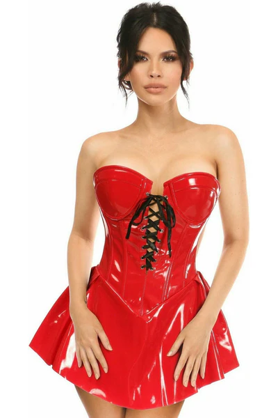 Red PVC Patent Steel Boned Corseted Vinyl Dress Party Wear Costume