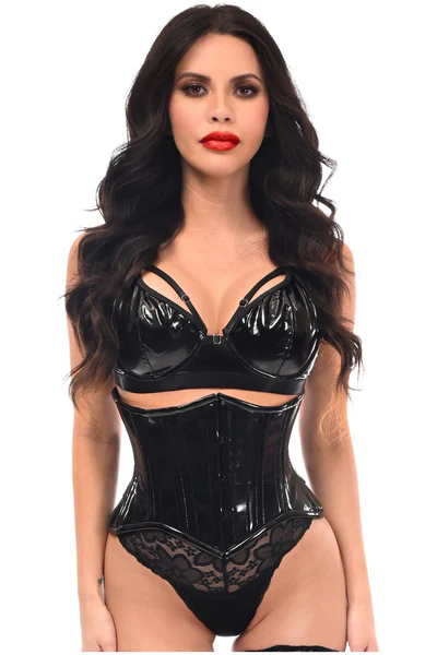 Halloween Black Patent PVC Vinyl Corset Double Steel Boned Curvy Waist Cincher