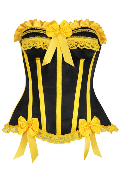 Black/Yellow Satin Boned Burlesque Overbust Waist Corset Bustier Top For Women